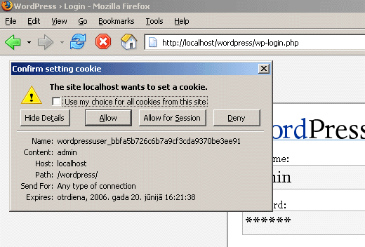 Wordpress username cookie