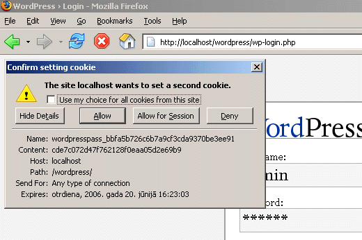 Wordpress password cookie