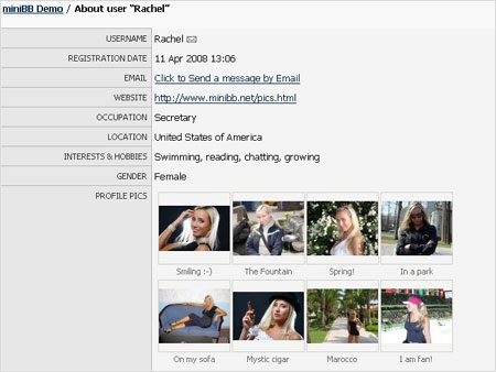 Example screenshot of the Profile page with member pictures uploaded
