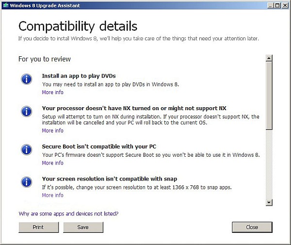 Compatibility Details - Windows 8 Upgrading Tool