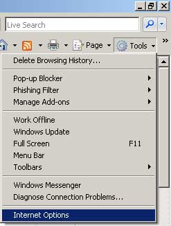 IE7 Tools Options menu