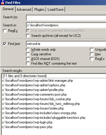 Find Files panel in Total Commander